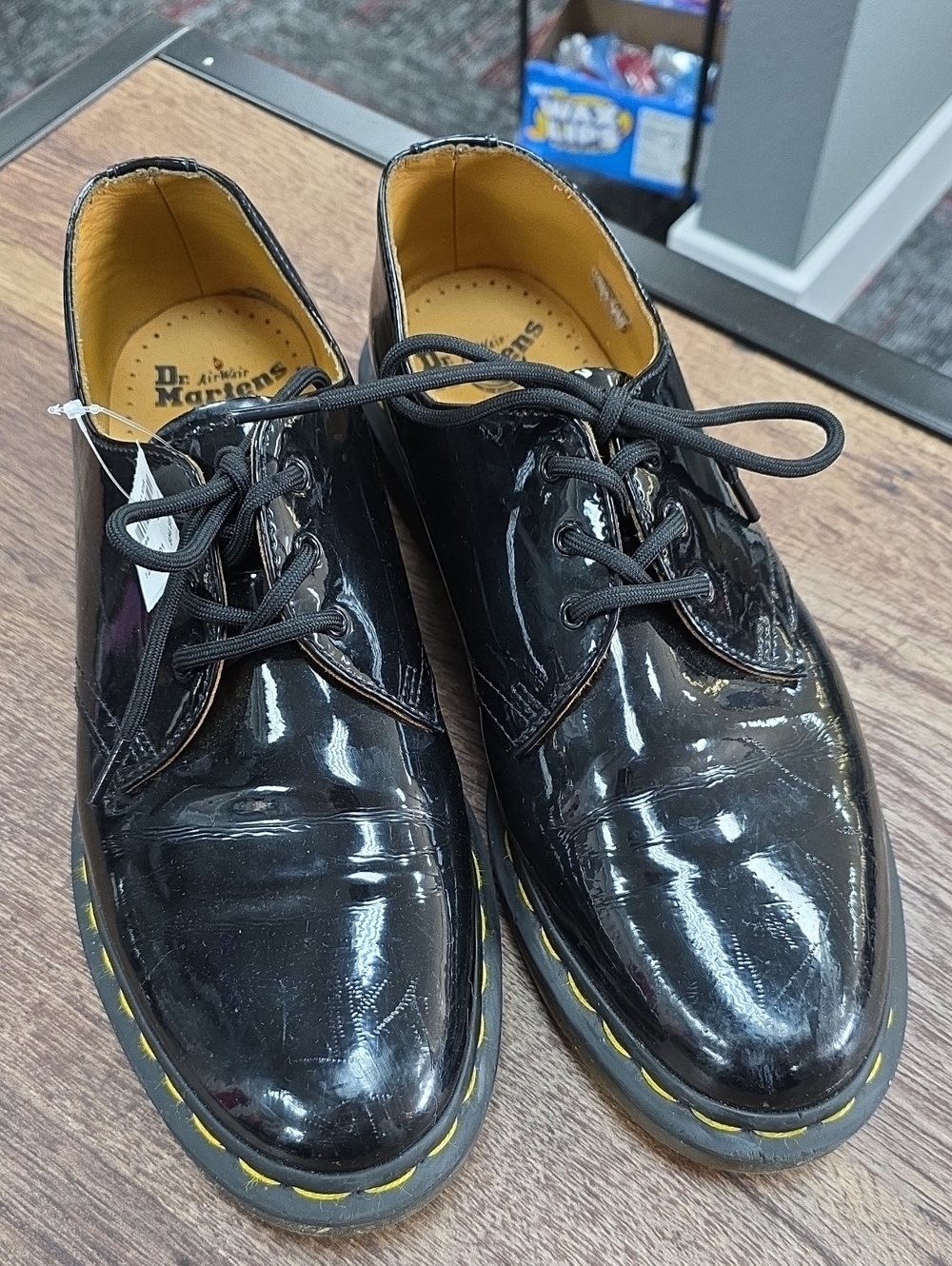 Dr. Martens Black Patent Leather 3-Eye Derby Shoes with Yellow Stitching